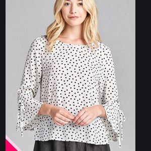 Polka Dot 3/4 Bell Sleeve Round Neck Crepe Blouse